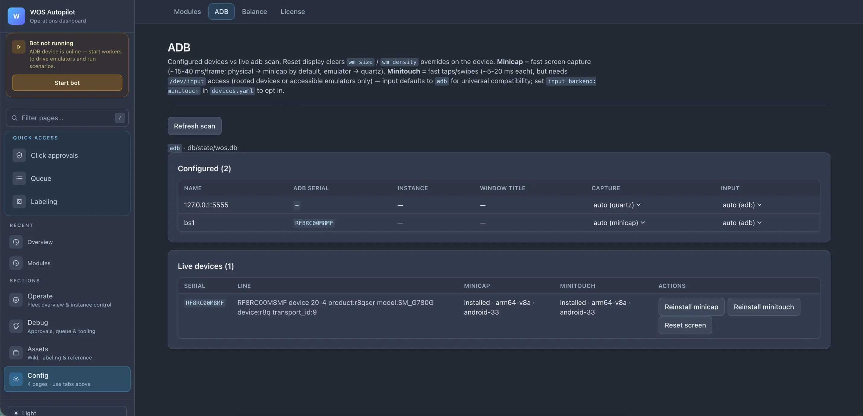 ADB device management page