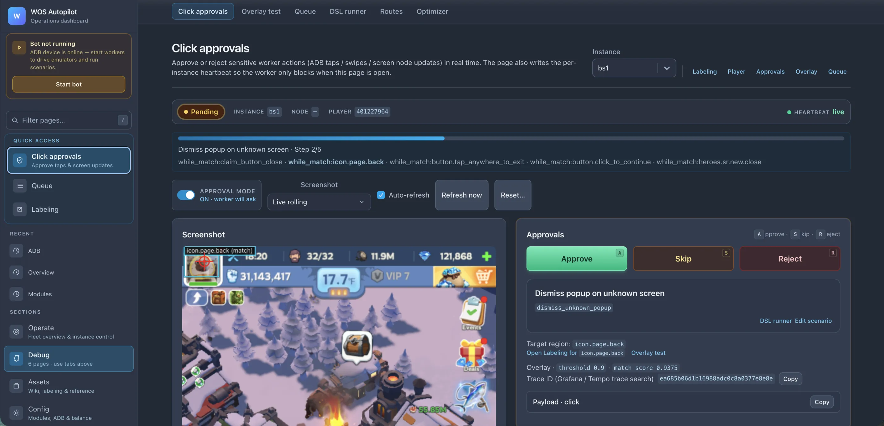 Click approvals page with screenshot overlay