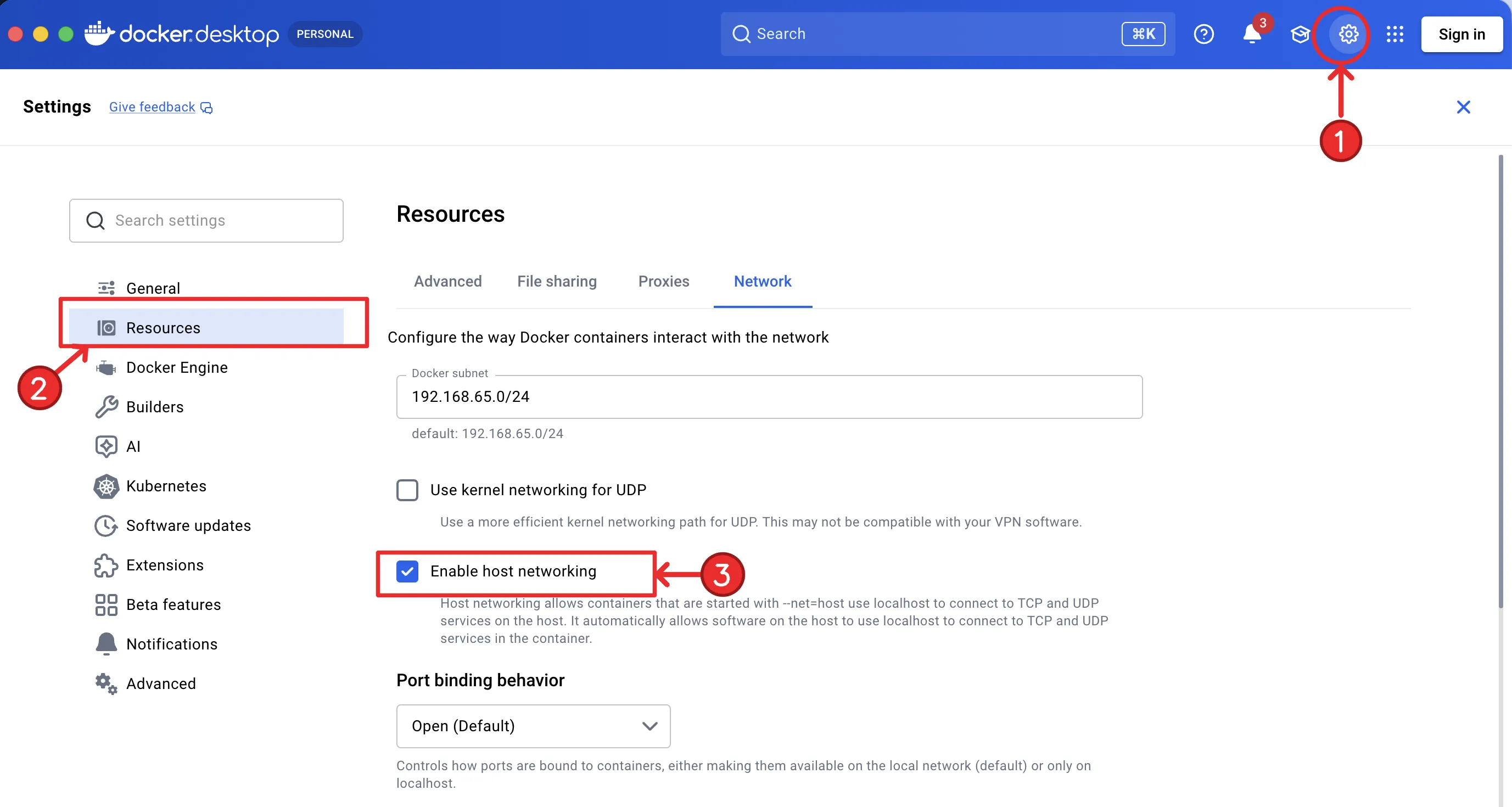Docker Desktop settings with the Resources section and the Enable host networking checkbox on the Network tab.