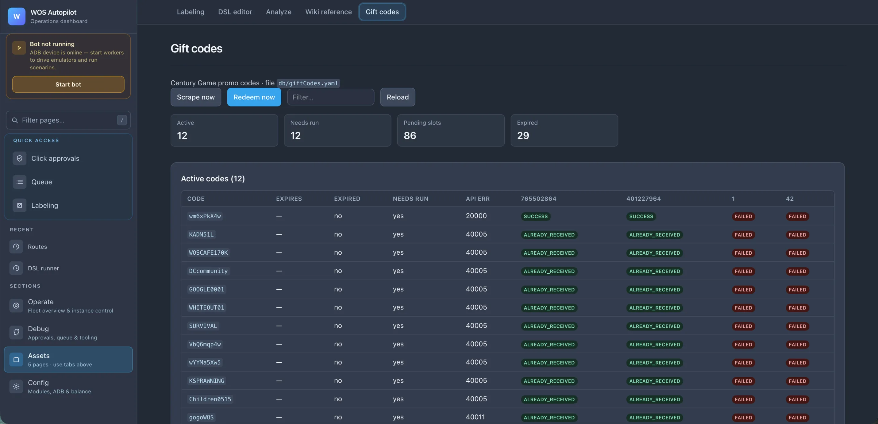 Gift codes dashboard