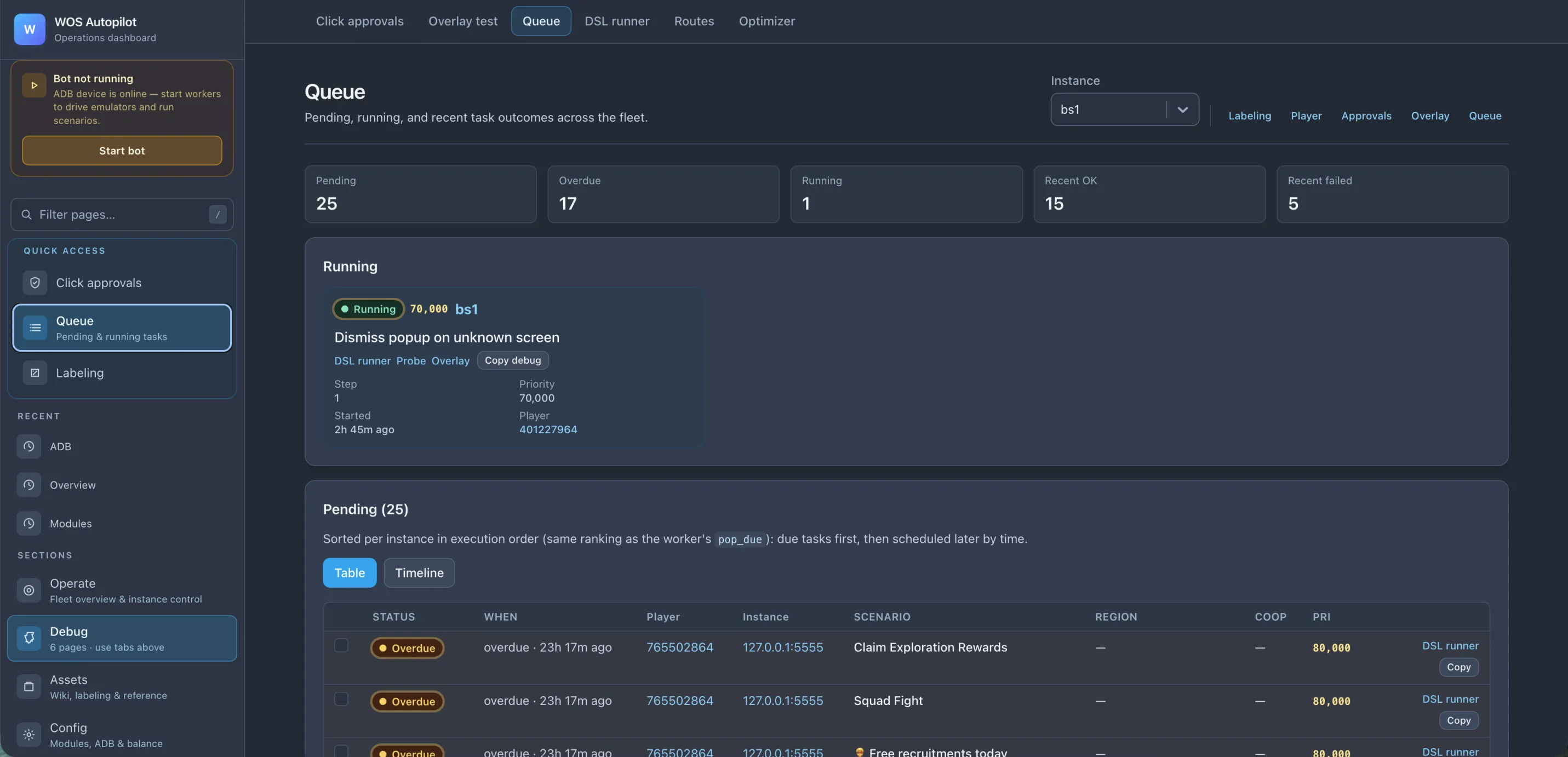 Queue page with timeline scheduling